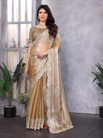 Beige Zari Sequin Embroidered Party Wear Saree