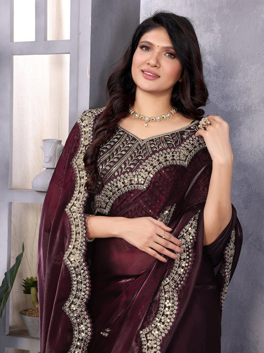 Wine Zari Sequin Embroidered Party Wear Saree