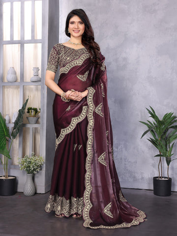Wine Zari Sequin Embroidered Party Wear Saree