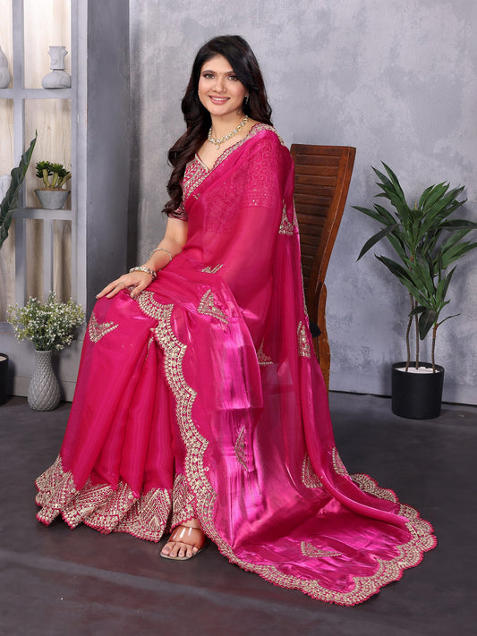 Pink Zari Sequin Embroidered Party Wear Saree