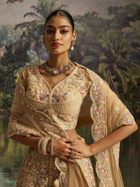 Cream Heavy Embroidered Wedding Lehenga