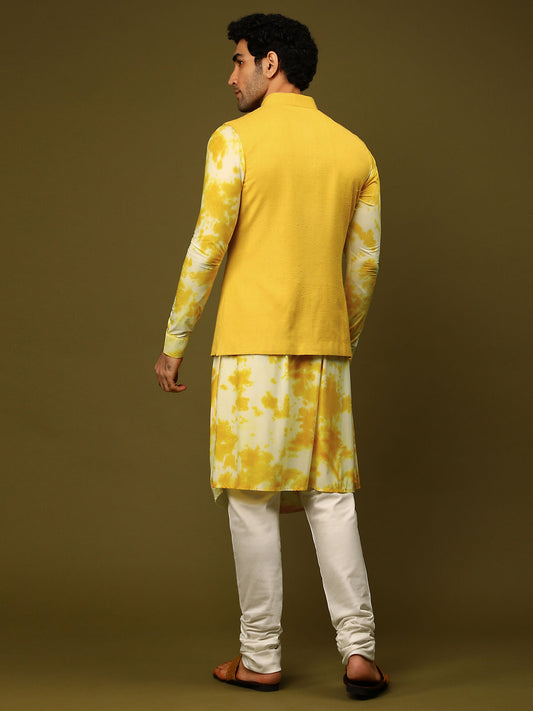 Yellow Rayon Kurta Pajama With Printed Jacket