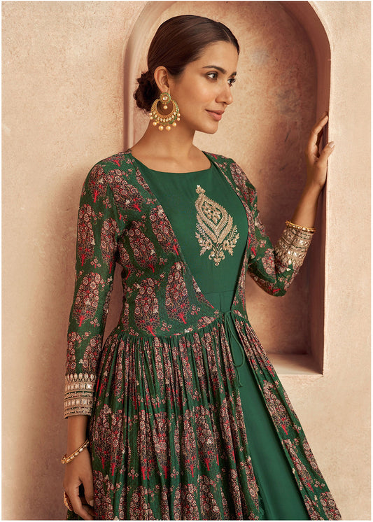 Green Chinon Silk Printed Anarkali Salwar Suit