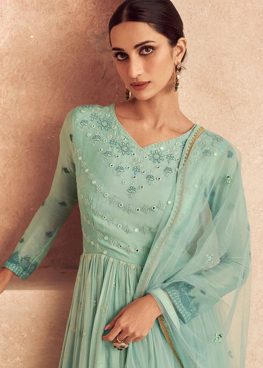 Sky Blue Chinon Silk Embroidered Anarkali Suit