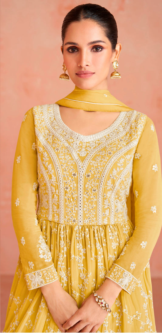 Yellow Thread Work Anarkali Suit In Georgette