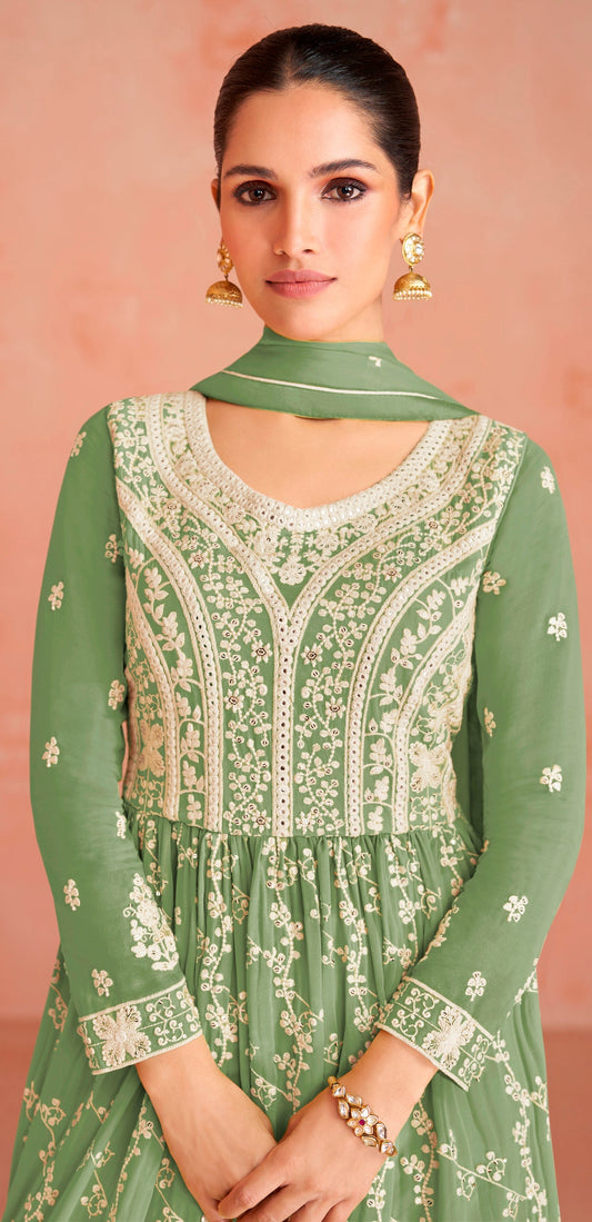 Green Thread Work Anarkali Suit In Georgette