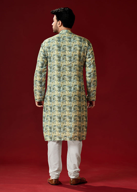 Green Printed Cotton Kurta Pajama For Men