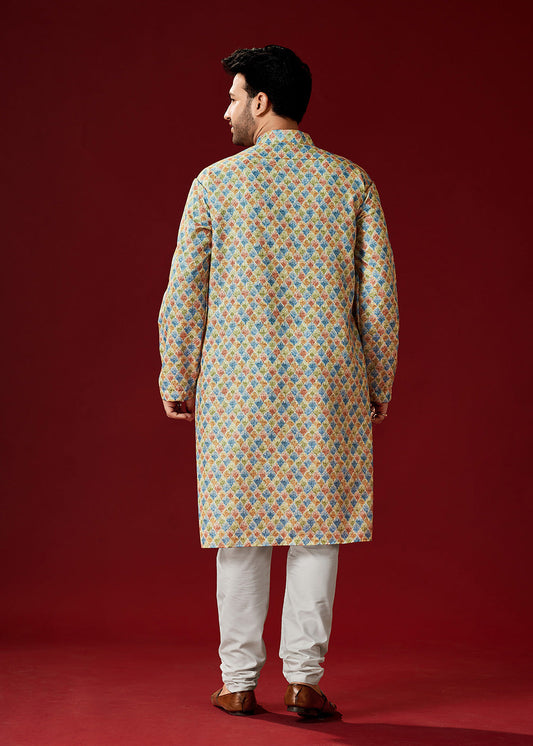 Multicolor Printed Cotton Kurta Pajama - Indian Paridhan 
