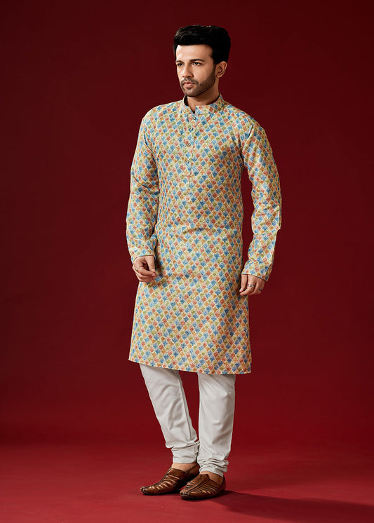 Multicolor Printed Cotton Kurta Pajama - Indian Paridhan 