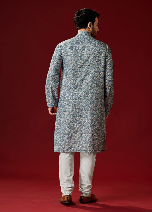 Blue Printed Kurta Pyjama In Cotton