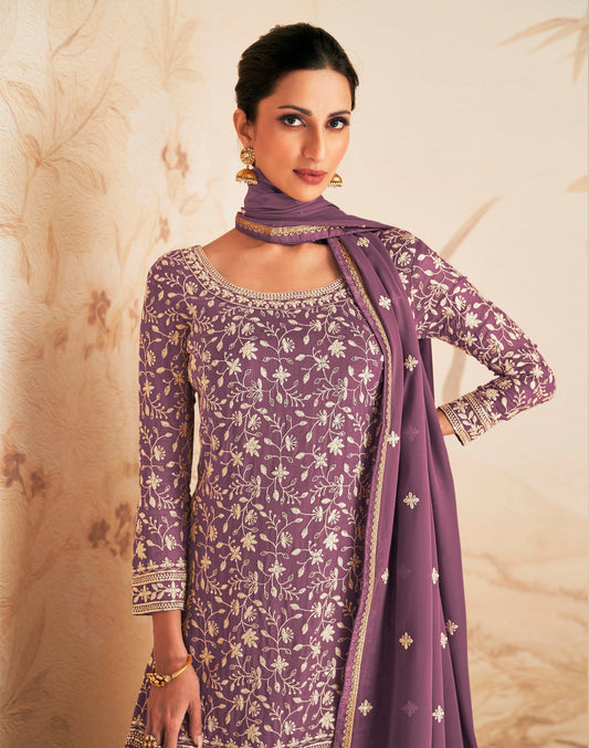 Lavender Zari Work Sharara Suit In Georgette