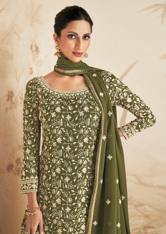 Green Zari Work Sharara Suit In Georgette