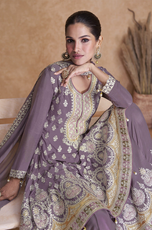 Violet Embroidered Pakistani Sharara Suit