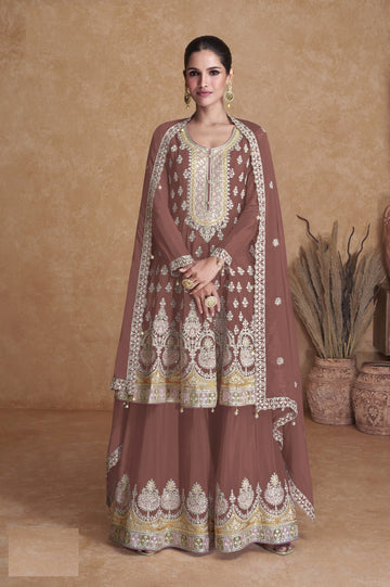 Brown Embroidered Pakistani Sharara Suit