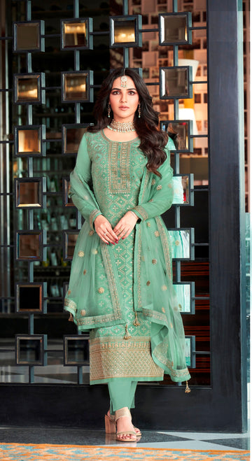 Green Woven Embroidered Pant Style Suit