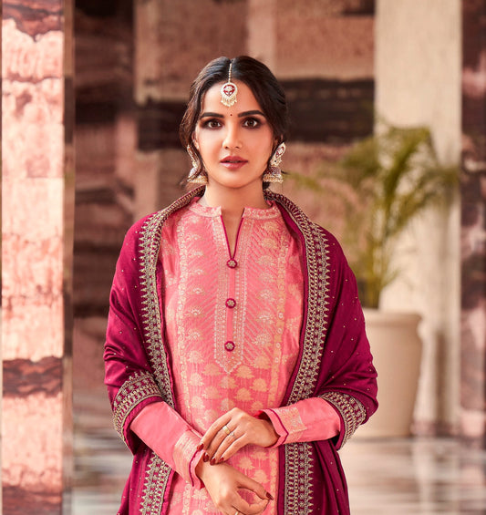 Pink Woven Embroidered Palazzo Salwar Suit