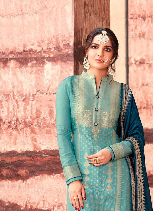 Sky Blue Woven Embroidered Palazzo Salwar Suit