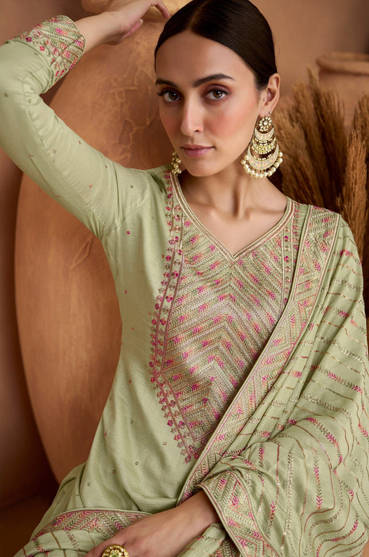 Green Silk Embroidered Pant Style Salwar Suit