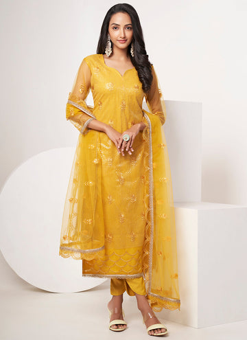 Yellow Thread Work Salwar Kameez In Net - Indian Paridhan 