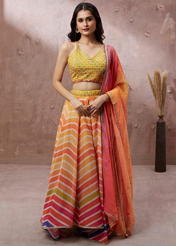 Multicolor Printed Organza Lehenga Choli - Indian Paridhan 