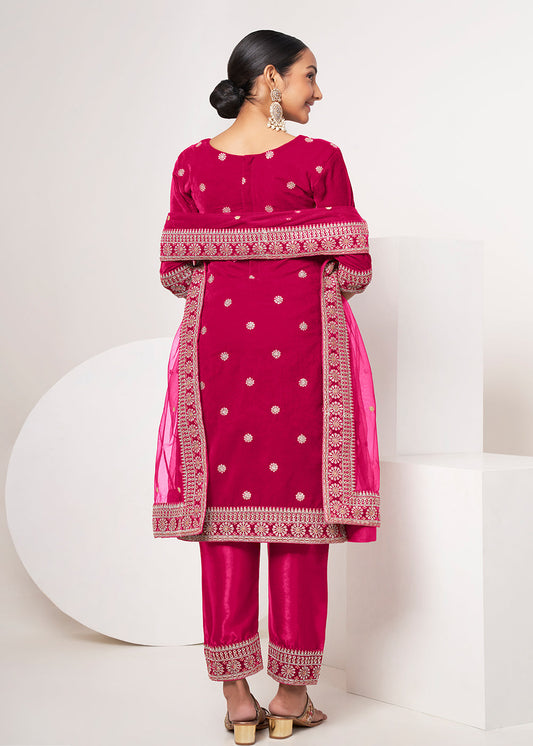 Pink Embroidered Pant Style Suit In Velvet