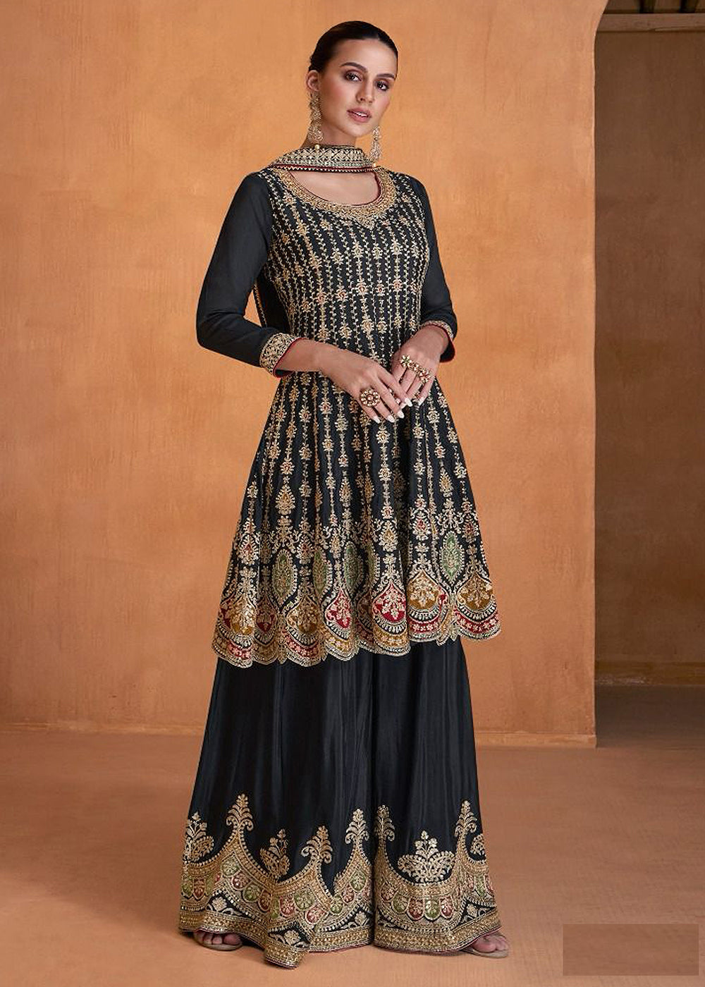 Black Georgette Sharara Style Suit In Embroidered