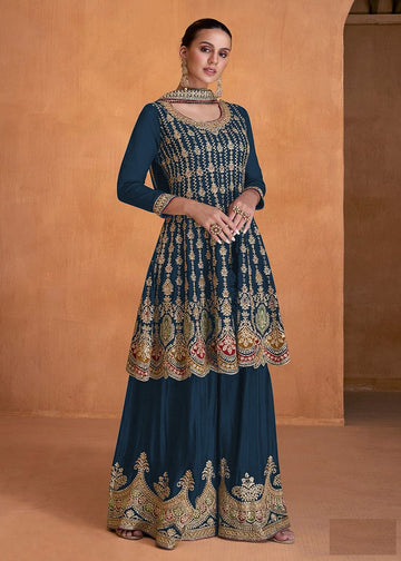 Navy Blue Georgette Sharara Style Suit In Embroidered