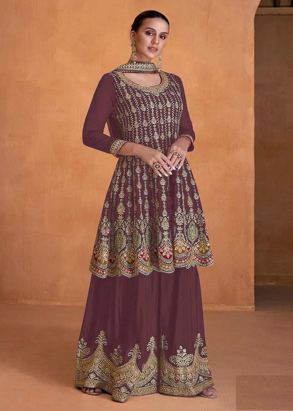 Mauve Georgette Indian Sharara Style Suit