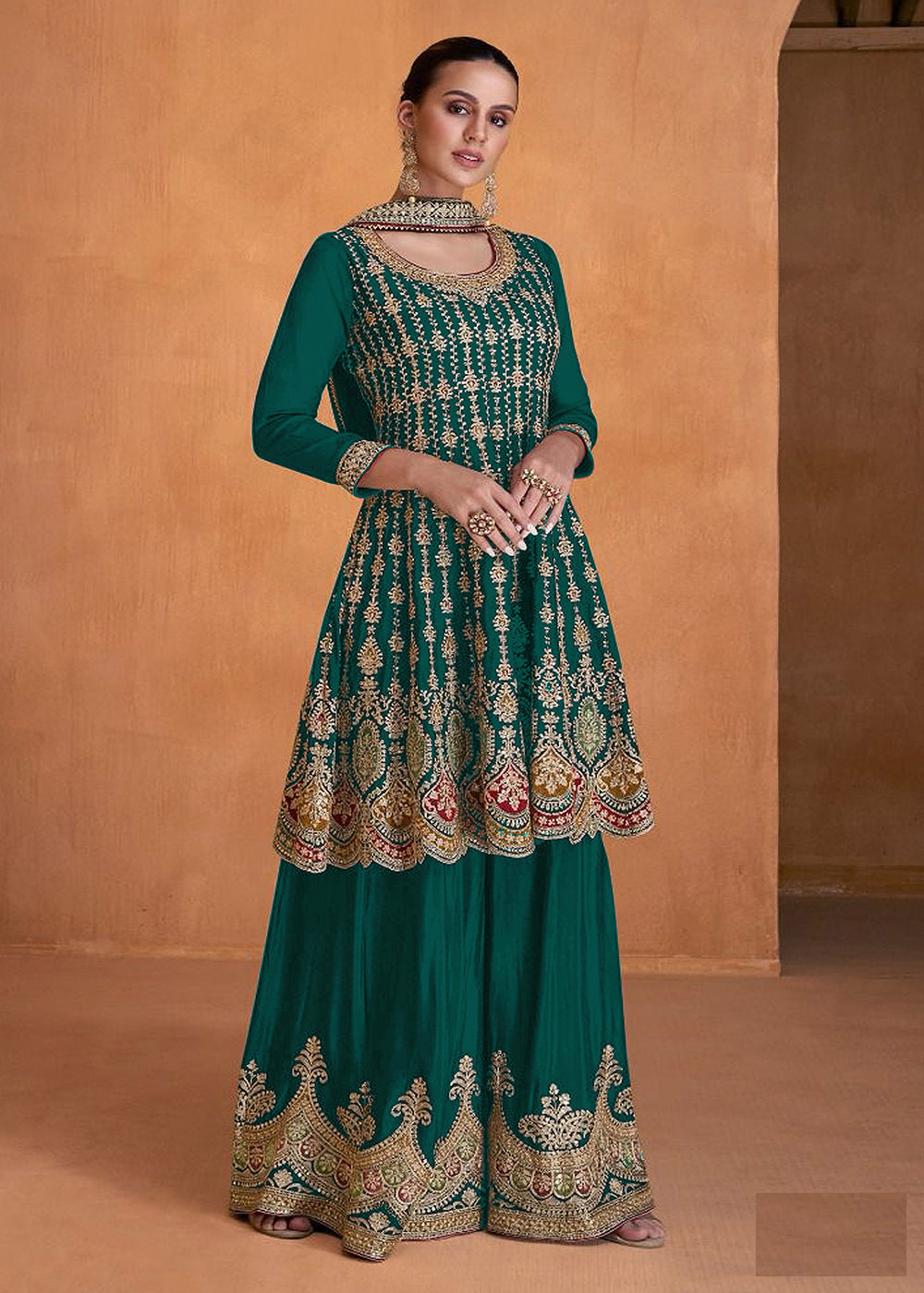 Green Embroidered Georgette Pakistani Sharara Suit
