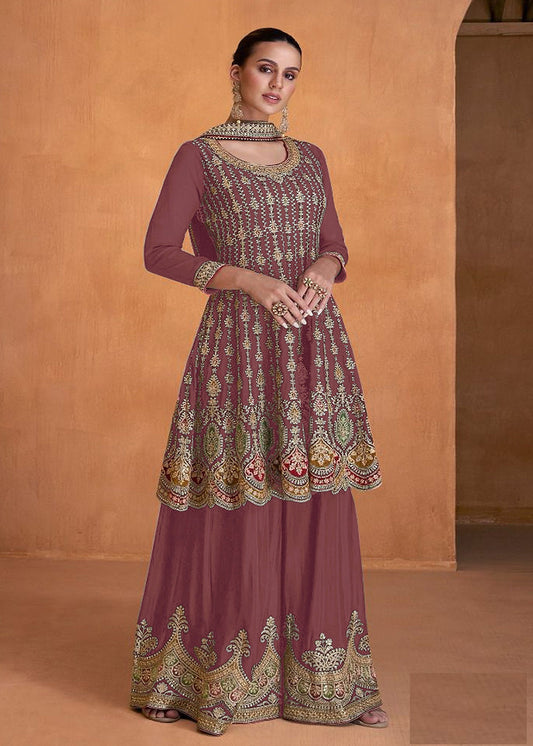 Mauve Georgette Sharara Salwar Suit - Indian Paridhan 