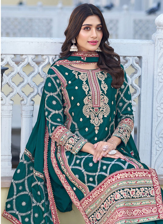 Green Thread Embroidered Palazzo Suit