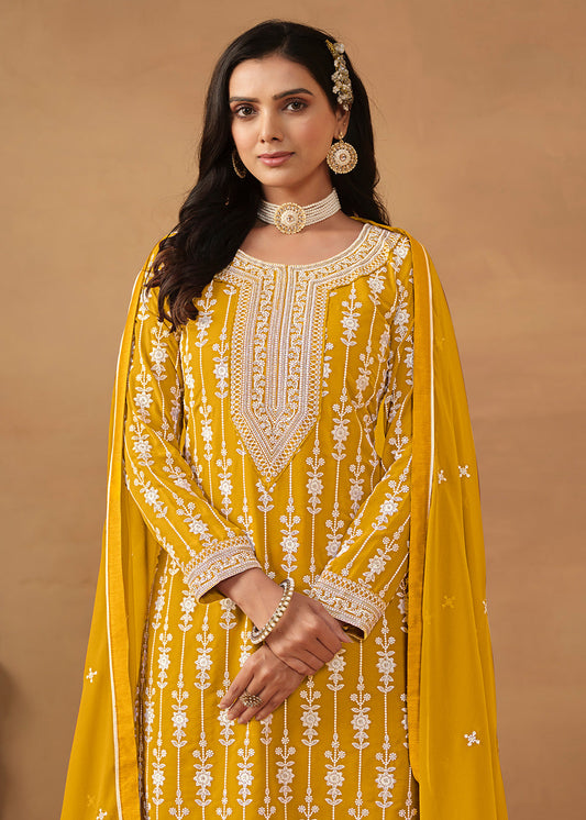 Yellow Embroidered Georgette Sharara Suit
