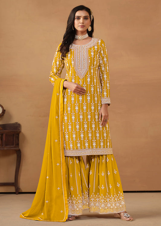 Yellow Embroidered Georgette Pakistani Style Suit