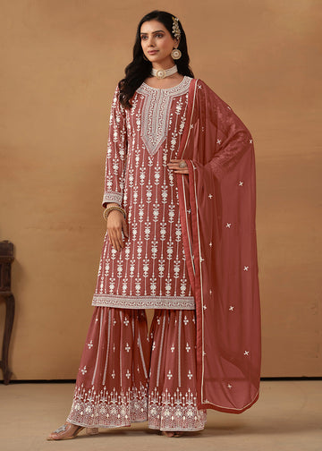Brown Embroidered Sharara Suit In Georgette