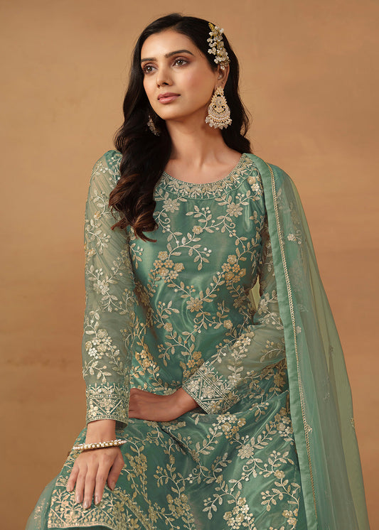 Green Embroidered Net Sharara Suit