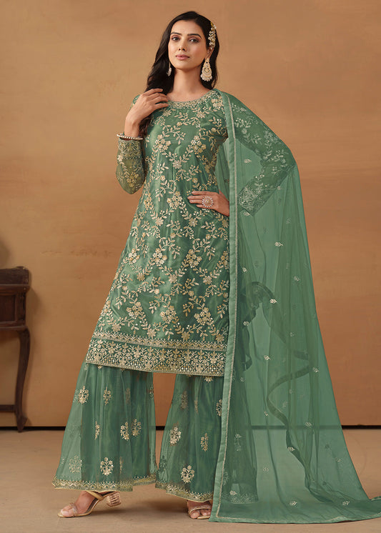 Green Embroidered Net Sharara Style Pakistani Suit Online USA