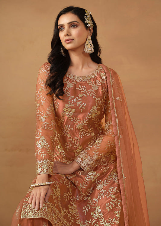 Peach Embroidered Sharara Salwar Kameez - Indian Paridhan 