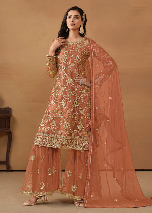 Peach Embroidered Sharara Indian Salwar Kameez