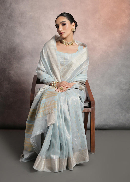 Sky Blue Woven Silk Saree With Blouse