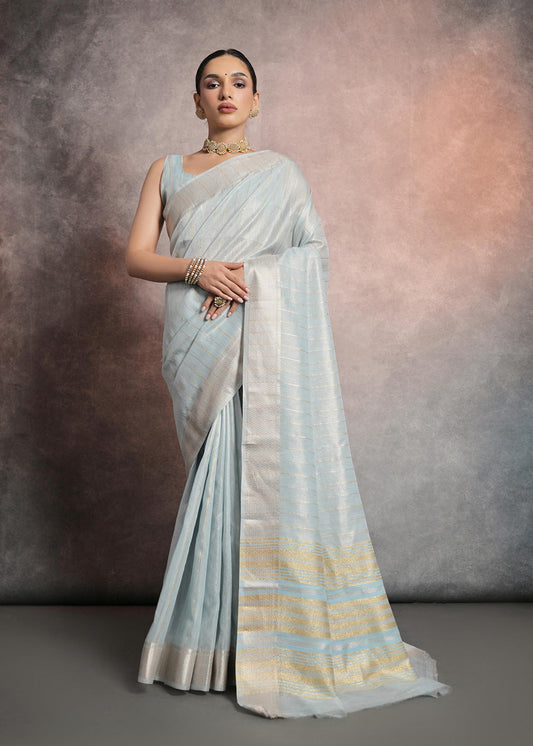 Sky Blue Woven Silk Saree With Blouse - Indian Paridhan 