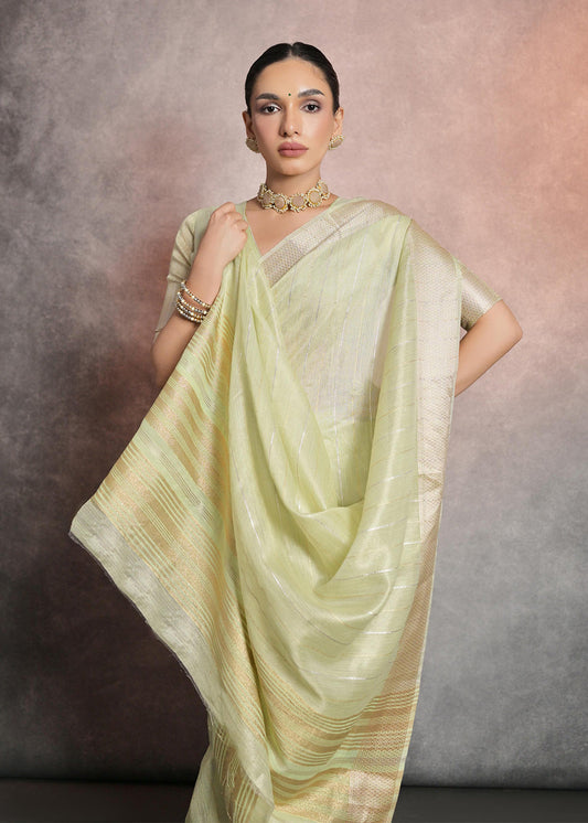 Pista Green Woven Silk Saree With Blouse