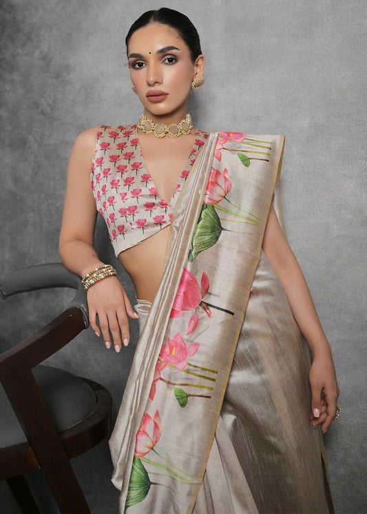 Cream Tussar Silk Saree With Digital Floral Print