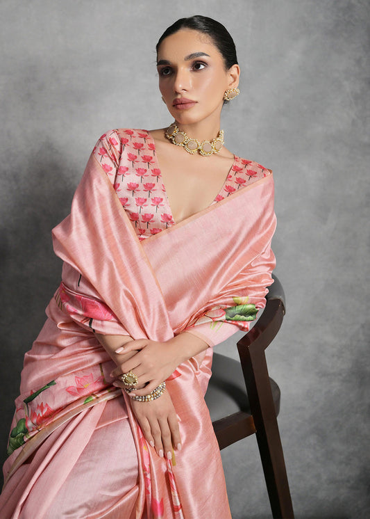 Peach Tussar Silk Saree With Digital Floral Print
