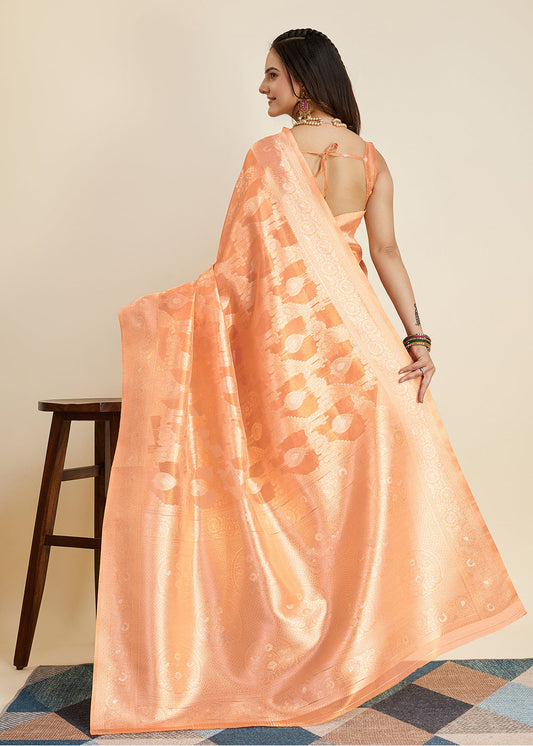 Peach Banarasi Silk Zari Woven Saree