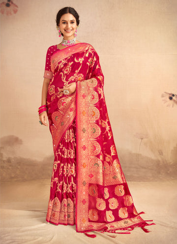 Pink Zari Silk Embroidered Organza Modern Saree Online USA