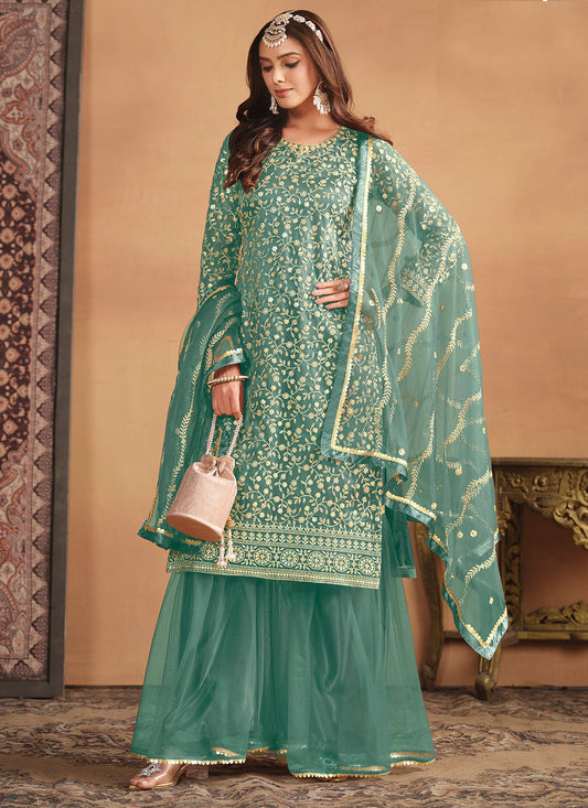 Green Embroidered Sharara Salwar Kameez Online Shopping