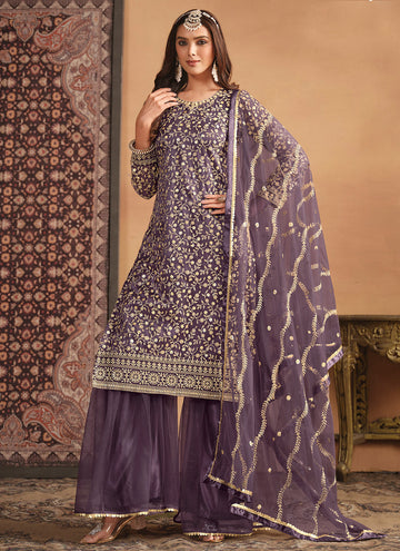 Purple Embroidered Pakistani Sharara Suit