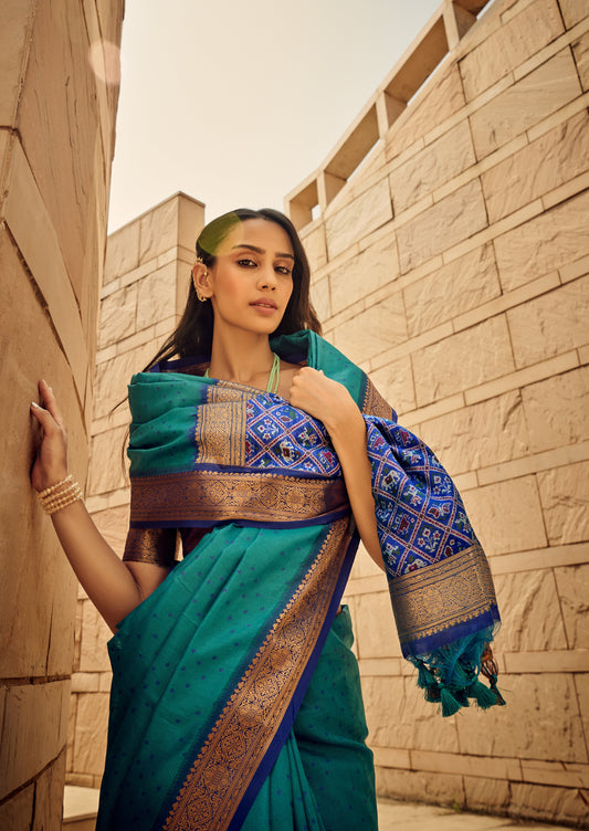 Sky Blue Woven Bandhej Saree In Handloom Silk