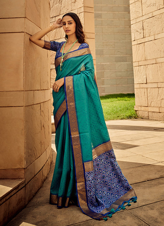 Sky Blue Woven Bandhej Saree In Handloom Silk - Indian Paridhan 