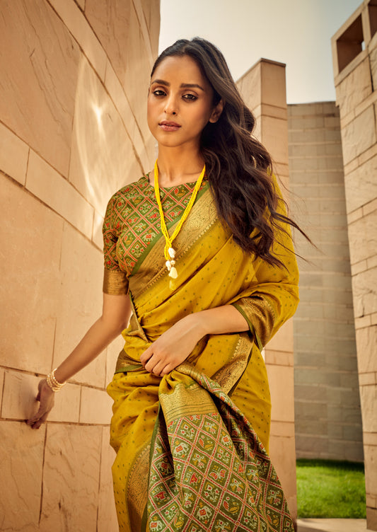 Yellow Woven Bandhej Saree In Handloom Silk